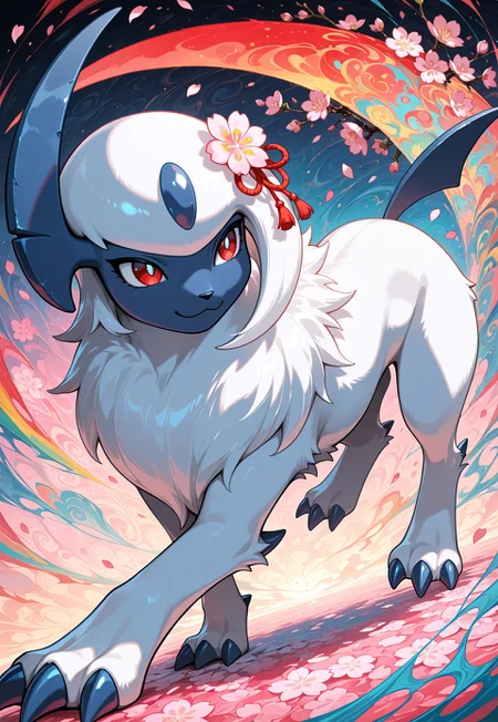best quality,newest,masterpiece,absurdres,highres,safe, contrast, detailed background, countershading, ultra detailed, solo, 1girl, feral, female,
BREAK, motion lines, Absol_\(Pokemon\), Dark Blue Skin,on the top of its head adorned with a single blue-black oval,Red Eyes,a scythe-like tail, scythe-shaped horn on the side,
,( colorful:1.3),( abstract:1.1),( surrealism:1.1),
turning dynamic pose, dynamic angle, :3,
cherry blossom, petals, smile,
(floral print:1.1), abstract,( japonese motif:1.1),