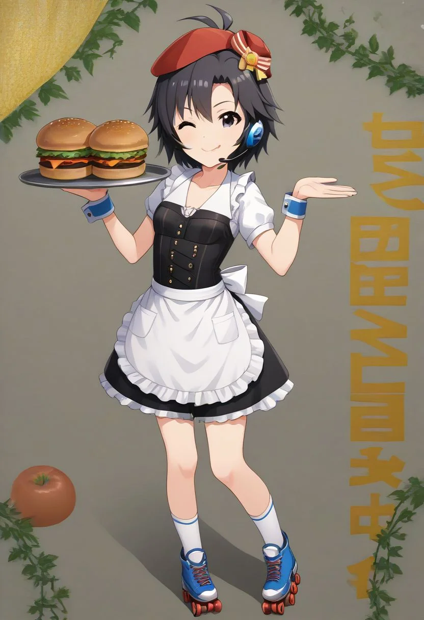 1girl, solo, kikuchi makoto, kkcmkt, short hair, black hair, antenna hair, hair between eyes, black eyes, flat chest,  small breasts, 
1girl, antenna hair, apron, bear, black corset, black eyes, black hair, blue wrist cuffs, blush, breasts, brown ribbon, burger, burger skater \(idolmaster\), cheese, collarbone, corset, cup, disposable cup, dot nose, drinking straw, food, frilled apron, frills, full body, hands up, happy birthday, hat, headset, holding, holding tray, lettuce, looking at viewer, meat, mini hat, one eye closed, open hand, plant, red hat, ribbon, roller skates, shirt, short hair, short sleeves, shorts, skates, small breasts, smile, socks, solo, speech bubble, standing, striped clothes, striped socks, tomato, tomato slice, tongue, tongue out, tray, twitter username, two-tone footwear, vines, waist apron, white apron, white shirt, white socks, wrist cuffs
masterpiece, best quality, very aesthetic, absurdres,