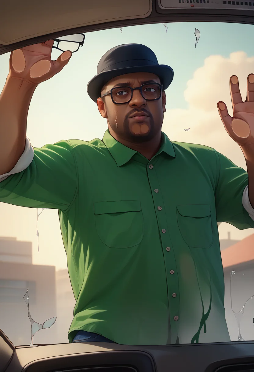 score_9, score_8_up, score_7_up, BREAK, <lora:povagainstcar-guy-PONYv1:1>, povagainstcar, against glass, 1boy, <lora:BigSmoke_XLPD:0.95> BigSmoke, black eyes, dark-skinned male, facial hair, glasses, black headwear, green shirt, pants, broken glass,