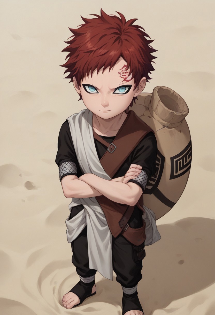 score_9, score_8_up, score_7_up, highly detailed, cute boy, 1boy, solo, young, Gaara, Red Hair, Pale Blue Eyes, Facial Mark , Black Short sleeve shirt, White Cloth Sash, white cloth loincloth, leather strap, gourd, black pants, toeless footwear, arms crossed, sand
