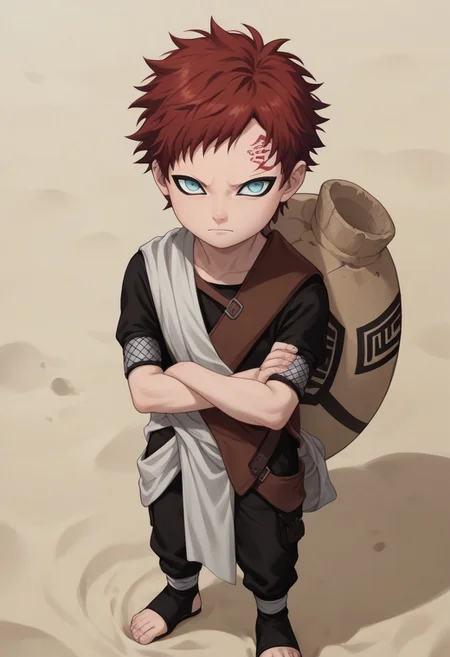score_9, score_8_up, score_7_up, highly detailed, cute boy, 1boy, solo, young, Gaara, Red Hair, Pale Blue Eyes, Facial Mark , Black Short sleeve shirt, White Cloth Sash, white cloth loincloth, leather strap, gourd, black pants, toeless footwear, arms crossed, sand