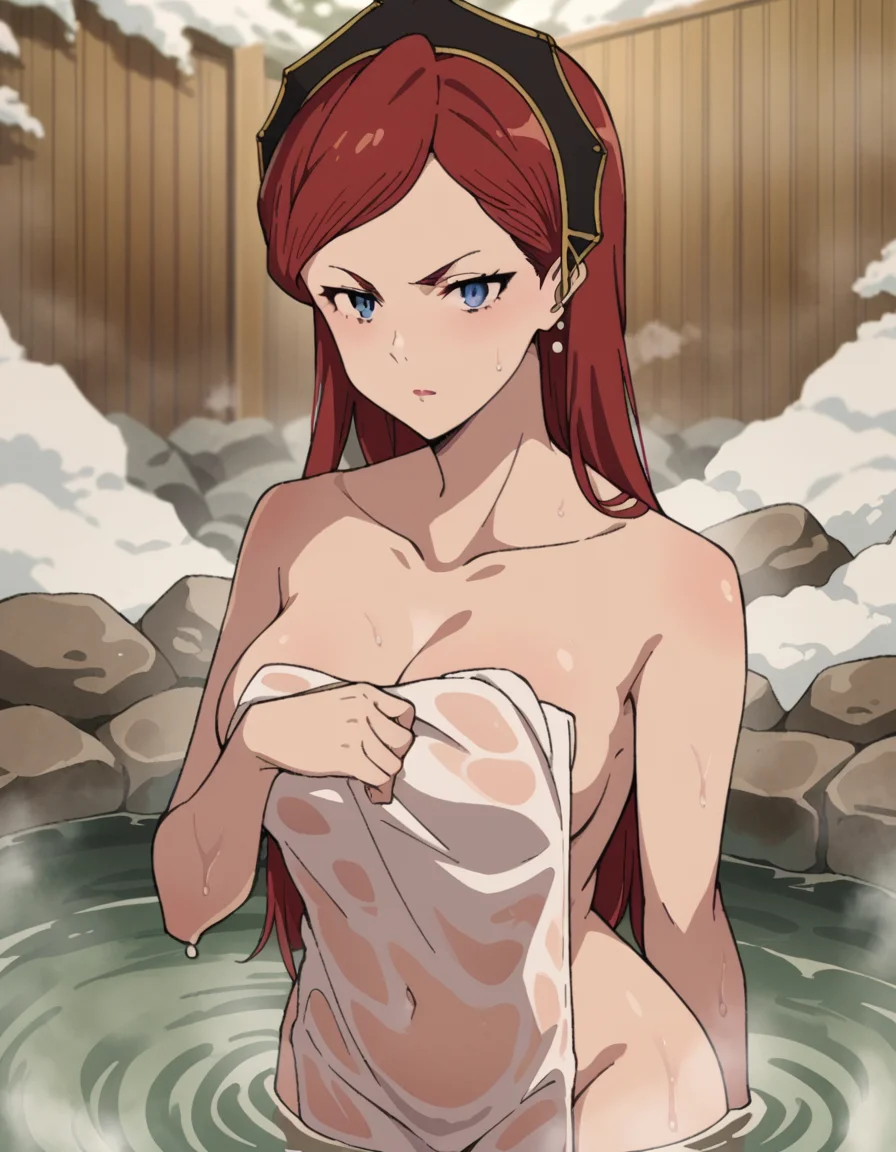 score_9, score_8_up, score_7_up, source_anime,
hildaboreasgreyrat, <lora:hilda-boreas-greyrat-s1-ponyxl-lora-nochekaiser:1>,
hilda boreas greyrat, long hair, red hair, grey eyes,
nude, naked,
outdoors, onsen, towel, naked towel, steam, bathing, nude cover, partially submerged, water, bath, steam censor, wet towel,
looking at viewer, dutch angle, cowboy shot,