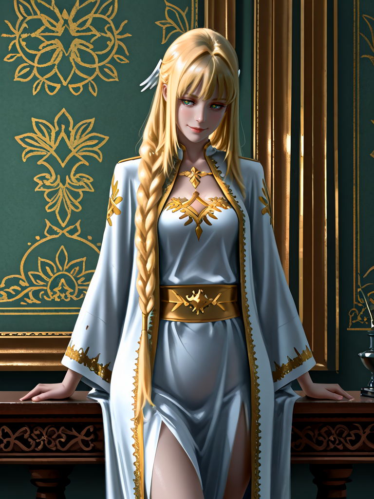 masterpiece,high quality,highres,absurdres,(<lora:Dolores Quovadis22:1>,1 girl,solo,long hair straight hair,blonde hair,thick braid,long braid,straight fringe,wing hair ornament,green eyes,cross pupils || Dolores_Quovadis_ceremonial,white ceremonial dress,long robe,gold embroidery,golden trim,wide sleeves,high waist sash),seductive smile,cute face,
stormy turbulence rolling over a windswept cliffside, a lone warrior standing defiantly.,
<lora:Half_Art_Style_IL:1>,wlop,