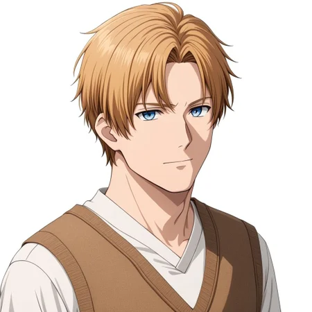 ASCIImasterpiece, best quality, solo, medium shot, riddhe_marcenas, 1man, casual attire, white shirt, brown vest, (slim lean body), fair skin tone, detailed symmetric reflective blue eyes, detailed anime sculpted torso, in front of a (plain white background: 1.2), 4k, 8k, intricate detail, Painstaking Attention To Details, soft lighting,