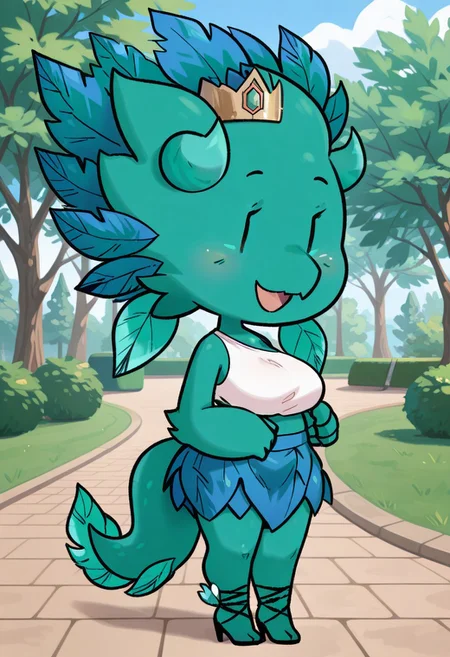 masterpiece, best quality, amazing quality, very aesthetic, high resolution, ultra-detailed, absurdres, newest, full body BREAK 1girl, solo, KP, anthro, furry female, lizard tail, green skin, chibi, black solid oval eyes, | |, smile, white crop top, blue skirt, leaf, black high heels, strappy heels, gold crown, standing, looking at viewer, open mouth, smile, happy, outdoors, park