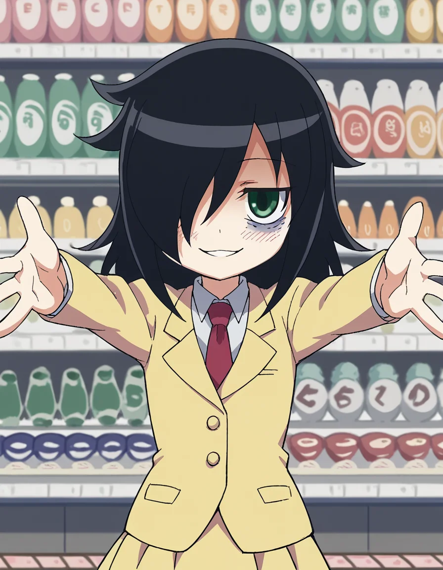 score_9, score_8_up, score_7_up, source_anime, <lora:tomoko-kuroki-s1-ponyxl-lora-nochekaiser:1>, tomoko kuroki, long hair, black hair, green eyes, hair over one eye, bags under eyes,, skirt, school uniform, necktie, blazer,, weapon shop, weapons, display, store, items, smile, <lora:incoming-hug-ponyxl-lora-nochekaiser:1>, incoming hug, looking at viewer, reaching, reacing towards viewer, outstretched arms,, bedroom, smile, blush, parted lips, looking at viewer, solo,, dutch angle, cowboy shot