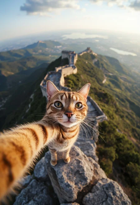Cat taking a selfie at the Chinese great wall