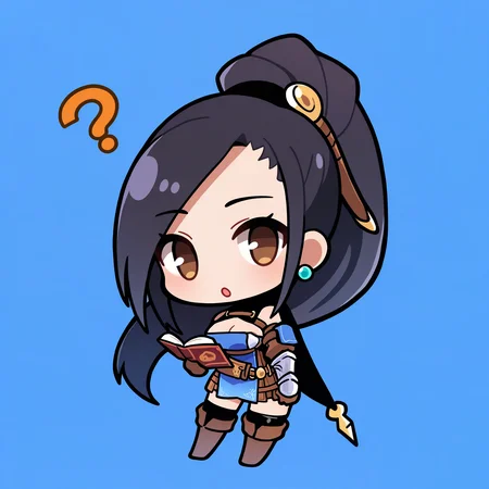 masterpiece, best quality, 1girl, solo, full body, chibi, standing, :o, holding, open book, ?, <lora:RaynieRH-illu:1> raynRH, black hair, long hair, high ponytail, hair ornament, brown eyes, earrings, armored dress, cleavage, bare shoulders, detached sleeves, vambraces, brown gloves, belt, short dress, pleated skirt, black thighhighs, thigh boots, black cape, blue background
