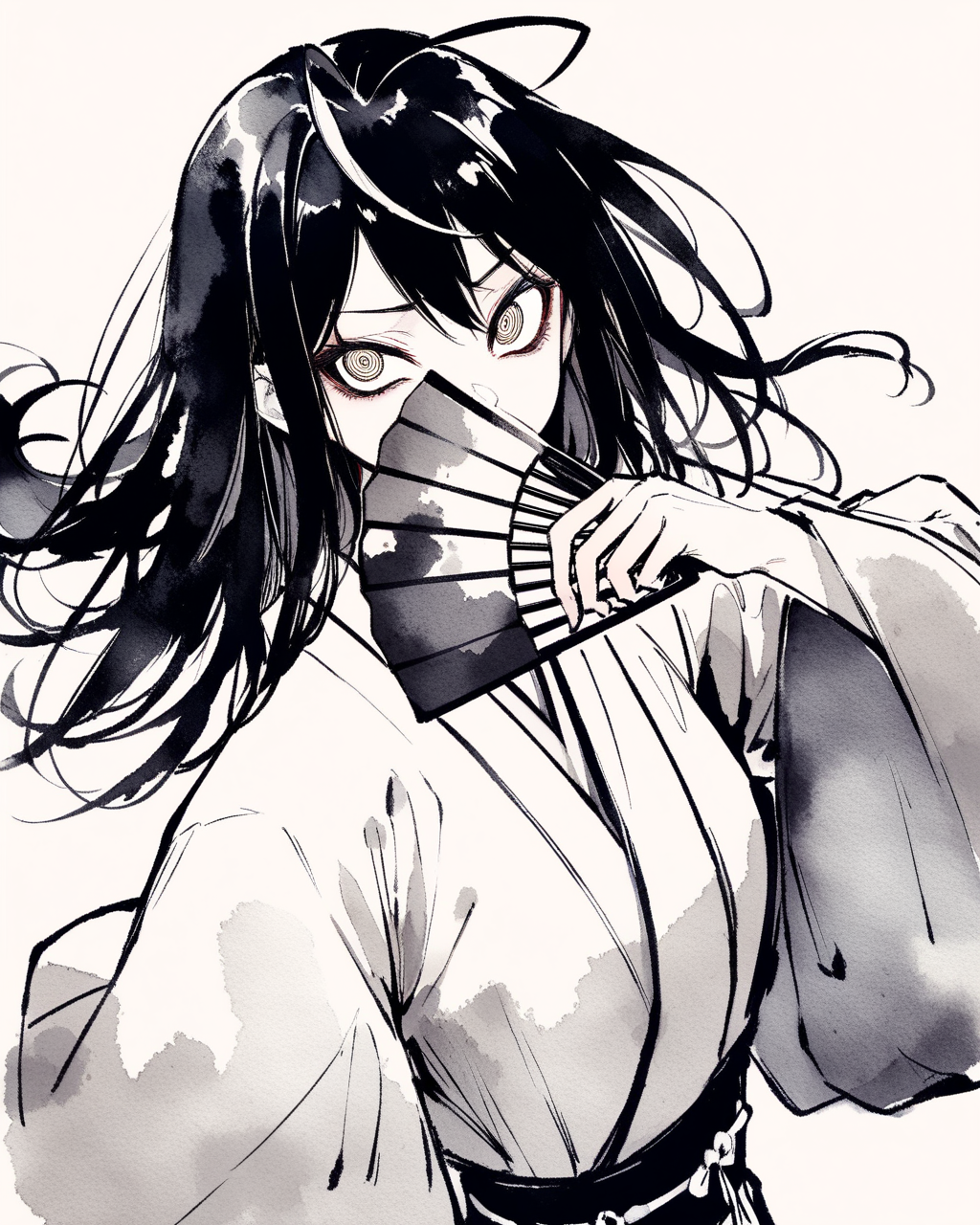 masterpiece, best quality, absurdres, 1girl, solo, yonagi kei, japanese clothes, (furisode:1.1), wind, holding fan, looking at viewer, hand up, ahoge, detailed eyes, covered mouth, puffy sleeves, monochrome, watercolor, intense, crazy eyes, <lora:Act-Age-anxl31:0.6>, <lyco:inkXLANI31lokrV43P1:0.8>,