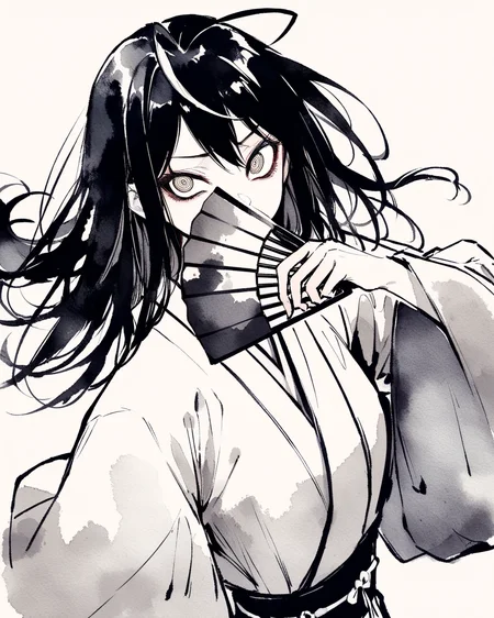 masterpiece, best quality, absurdres, 1girl, solo, yonagi kei, japanese clothes, (furisode:1.1), wind, holding fan, looking at viewer, hand up, ahoge, detailed eyes, covered mouth, puffy sleeves, monochrome, watercolor, intense, crazy eyes, <lora:Act-Age-anxl31:0.6>, <lyco:inkXLANI31lokrV43P1:0.8>,