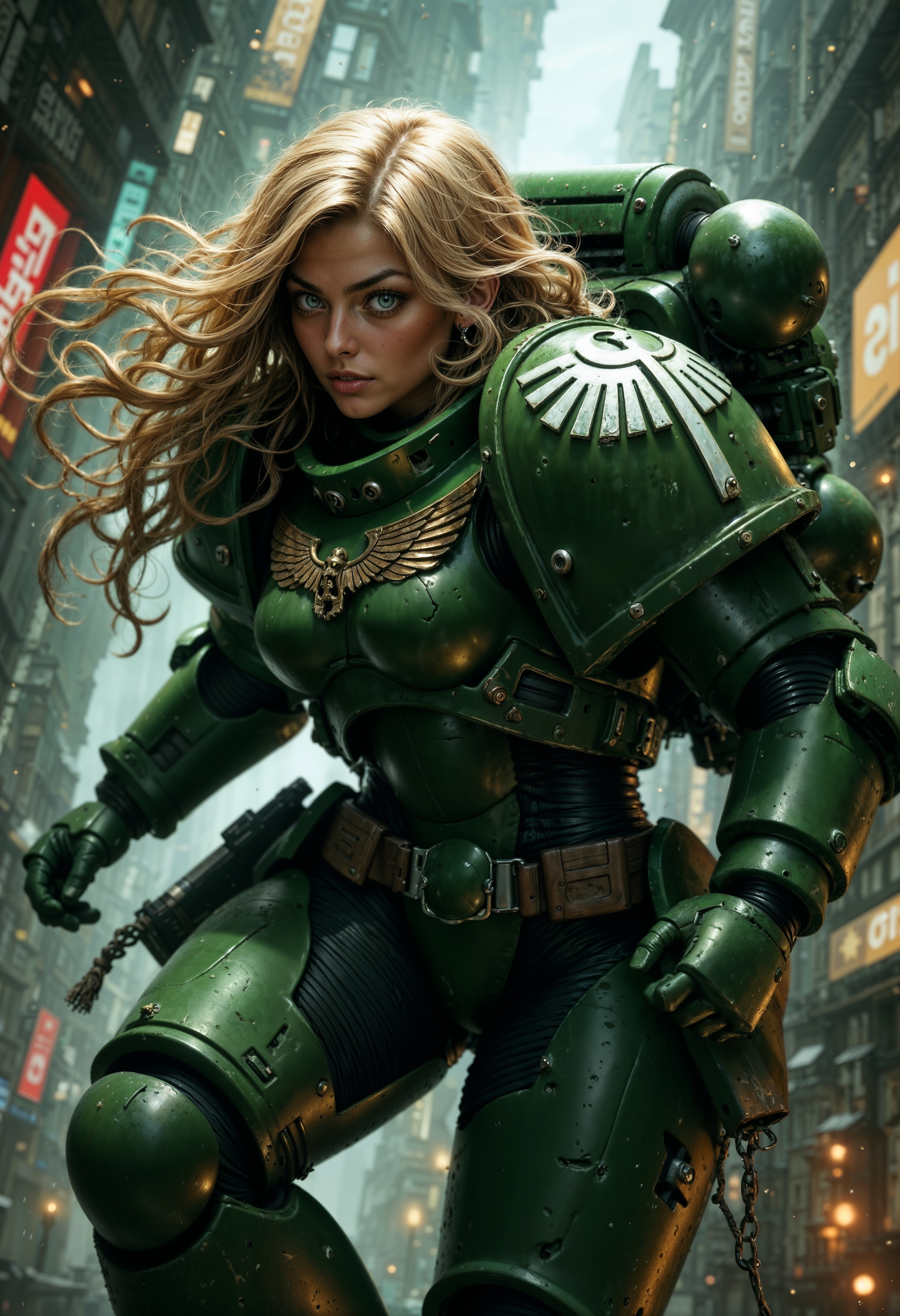 detailed portrait, masterpiece, DarkA40k, 1girl, solo, wearing dark green power armor, midriff, blonde hair, flying, hovering, air, jetpack, dynamic angle, creating a mystical and adventurous atmosphere, directional lighting, masterpiece, perfect composition, perfect hands, cowboy shot, <lora:FluxDarkA40k:0.9> <lora:FluxMythP0rtr4itStyle:0.6> mythp0rt,