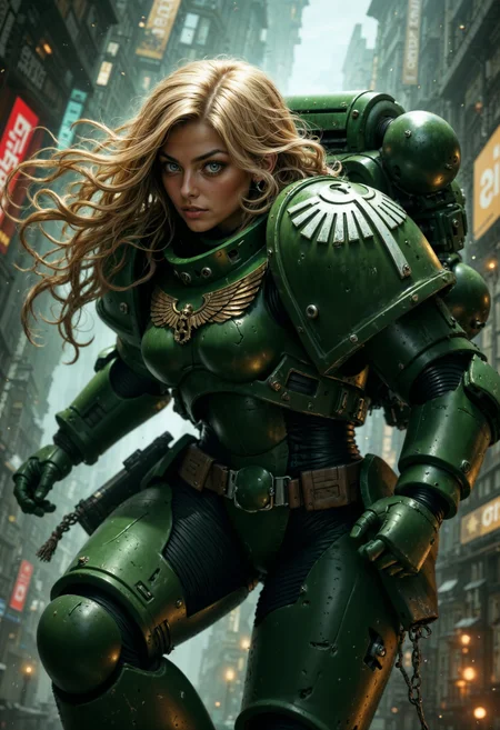 detailed portrait, masterpiece, DarkA40k, 1girl, solo, wearing dark green power armor, midriff, blonde hair, flying, hovering, air, jetpack, dynamic angle, creating a mystical and adventurous atmosphere, directional lighting, masterpiece, perfect composition, perfect hands, cowboy shot, <lora:FluxDarkA40k:0.9> <lora:FluxMythP0rtr4itStyle:0.6> mythp0rt,