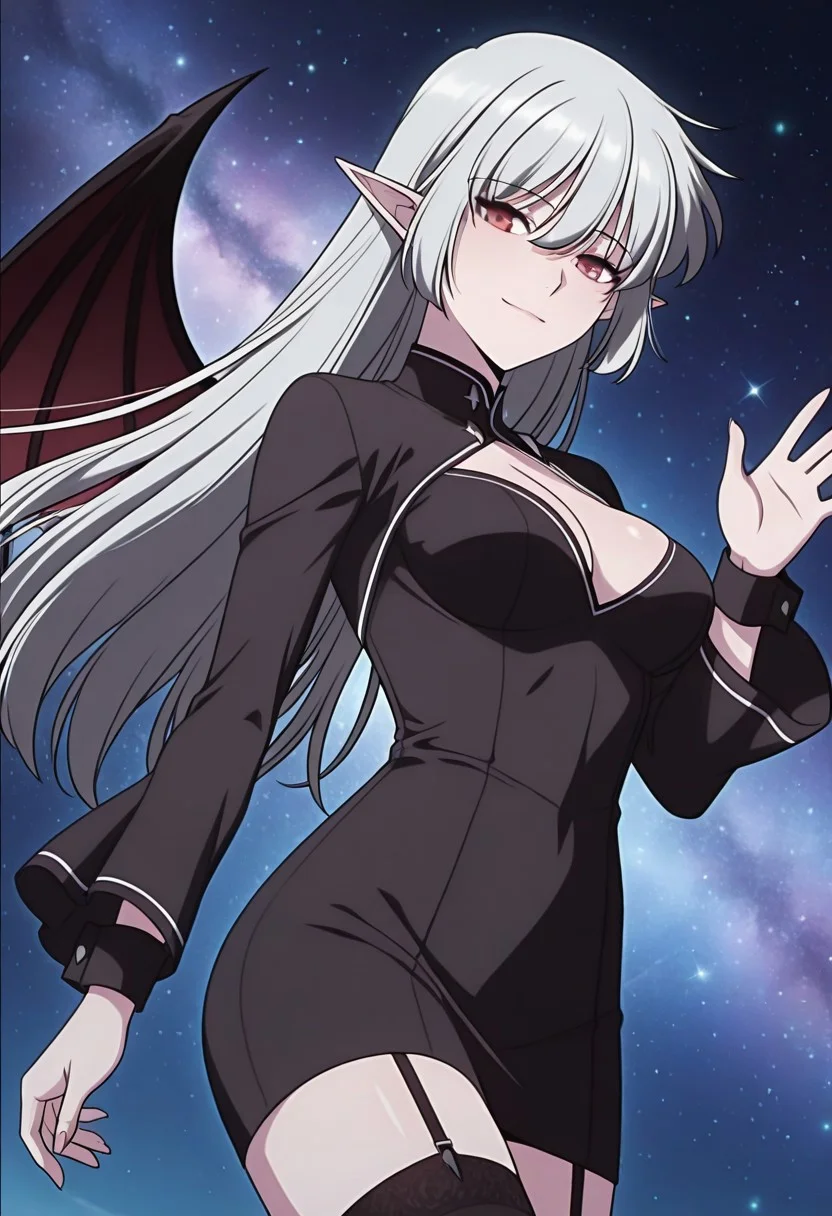 masterpiece,best quality,1girl,red eyes,devil_eyes,long hair,grey hair,hair between eyes,pointy ears,flowing hair,medium breast,cleavage,VampireDZ1,black dress,pencil dress,high collar,collared dress,cut-out dress,open back,white trim,black robe,long sleeves,flowing sleeves,flared cuffs,bat wings,demon wings,red lining,thigh-highs,garter straps,
anime screencap,anime coloring,<lora:AliceF7:1>,<lora:anime_screencap-IllustriousV2:0.7>,
anime screenshot,masterpiece,best quality,waving at viewer,galaxy background,light particles,light smile,cosmic background,portrait,no building,
