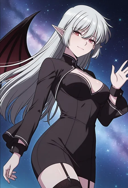 masterpiece,best quality,1girl,red eyes,devil_eyes,long hair,grey hair,hair between eyes,pointy ears,flowing hair,medium breast,cleavage,VampireDZ1,black dress,pencil dress,high collar,collared dress,cut-out dress,open back,white trim,black robe,long sleeves,flowing sleeves,flared cuffs,bat wings,demon wings,red lining,thigh-highs,garter straps,
anime screencap,anime coloring,<lora:AliceF7:1>,<lora:anime_screencap-IllustriousV2:0.7>,
anime screenshot,masterpiece,best quality,waving at viewer,galaxy background,light particles,light smile,cosmic background,portrait,no building,