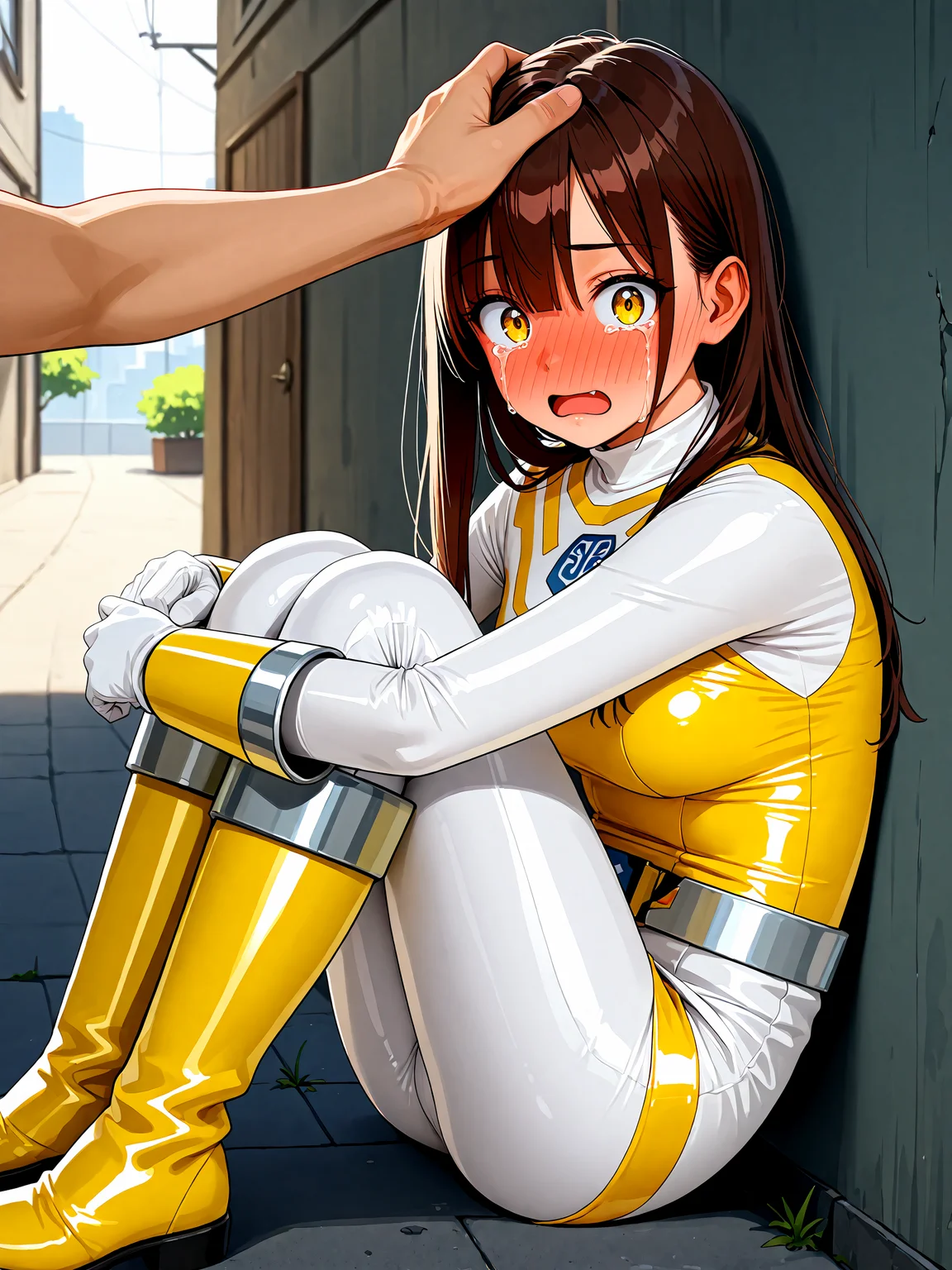 1girl, solo focus, sentairaigadolphin, white neck, yellow shirt, sleeveless shirt, white bodysuit, bodysuit under clothes, yellow arm guards, (white gloves:1.1), silver belt, white skirt, yellow skirt, white pantyhose, (yellow boots:1.3), knee boots, colored shoe soles, shiny clothes, spandex, <lora:Raiga_Dolphin:1>, BREAK,
yellow eyes, brown hair, long hair, straight hair, blunt bangs, hair between eyes, single sidelock, hair behind ear, BREAK,
sitting, against wall, hugging own legs, BREAK,
crying, full-face blush, tears, looking at viewer, surprised, shocked, open mouth, BREAK,
1boy, clothed female nude male, pov hand, hand on another's head, headpat,
from side, outdoors, city, alley