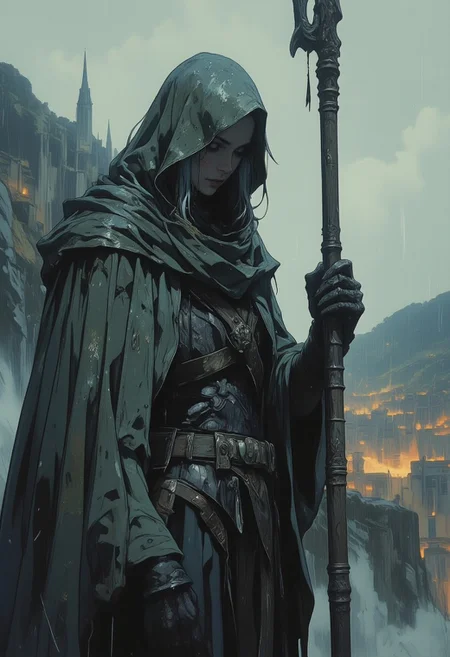 smooth and sharp, confined lines, A dynamic close-up shot of a somber wanderer, a slender figure cloaked in muted gray and olive tones, standing on a cliff edge against a stormy horizon. The camera captures the scene from a low, tilted angle, emphasizing the dramatic expanse of the windswept backdrop. The wanderer’s weathered cloak flutters violently in the cold wind, revealing armor worn smooth by time and struggle. Their face is partially shadowed, their downcast gaze reflecting a deep sadness, with pale, rain-soaked hair clinging to their cheeks. In their hand, a worn but intricately carved staff leans slightly, a symbol of lost purpose. A distant village burns faintly in the background, blurred by heavy rain that streaks across the frame, creating an atmosphere of sorrow and muted despair. The entire scene is bathed in soft, desaturated light, with only subtle hints of warm amber in the embers of the distant flames.