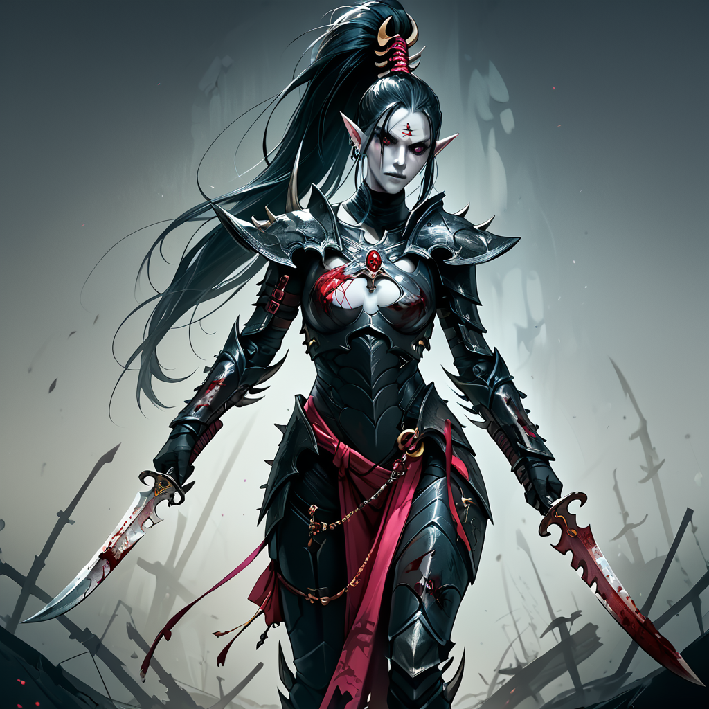 score_9, score_8_up, score_7_up, score_6_up, score_5_up, score_4_up, source_anime, <lora:aeldari_Pony_2:1> aeldari, drukhari, standart drukhari, full black drukhari's armor, 1girl, armor, blood, colored_skin, dagger, holding_sword, holding_weapon, jewelry, long_hair, pointy_ears, sword, weapon, pale skin, ((black armor))