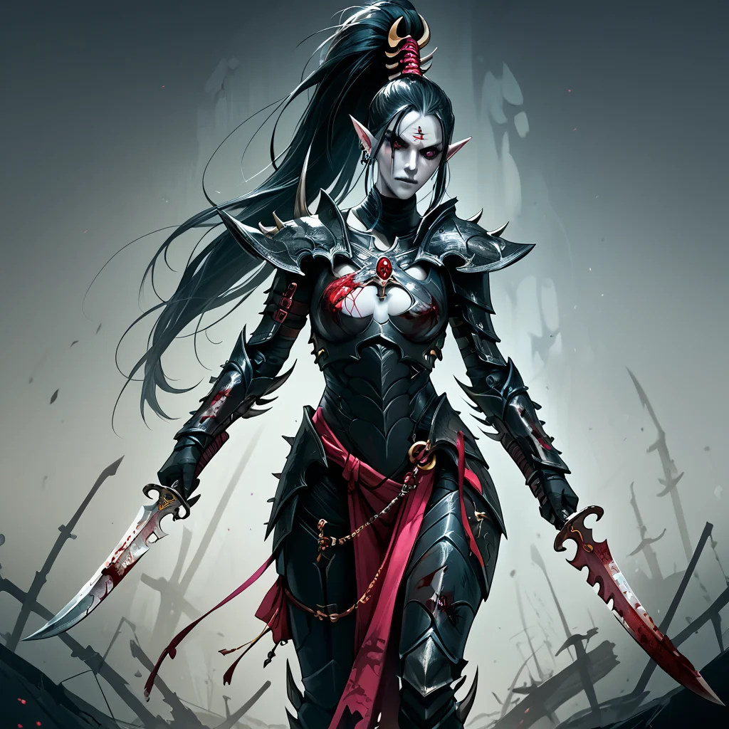 score_9, score_8_up, score_7_up, score_6_up, score_5_up, score_4_up, source_anime, <lora:aeldari_Pony_2:1> aeldari, drukhari, standart drukhari, full black drukhari's armor, 1girl, armor, blood, colored_skin, dagger, holding_sword, holding_weapon, jewelry, long_hair, pointy_ears, sword, weapon, pale skin, ((black armor))