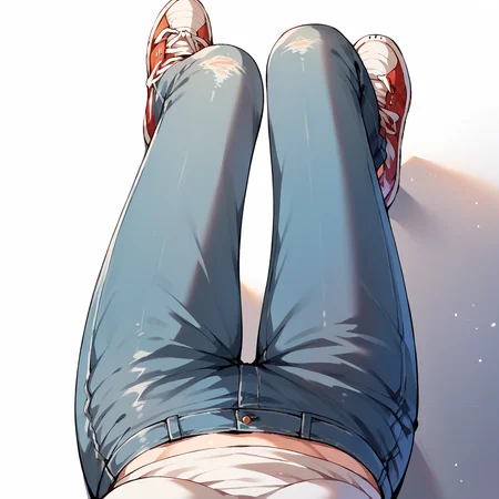 score_9, score_8_up, score_7_up, score_6_up, score_5_up, <lora:f3mp0vXLP:1> (f3mp0v, female pov), jeans, sneakers, solo, white background,