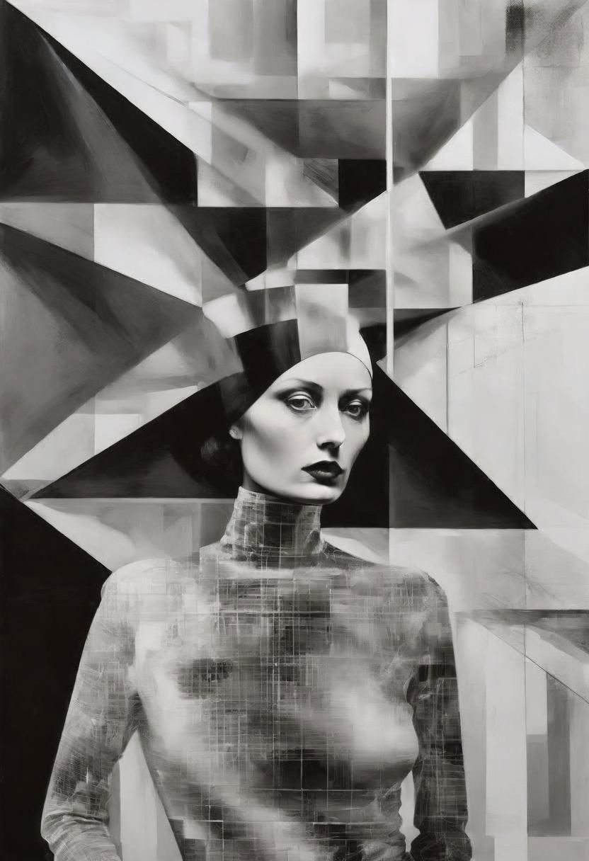 Monochrome black and white, Dali, Magritte, Delvaux, Bellmer, Malevitch, Rodchenko, Mondrian, Kandinsky, Popovna, psychedelic hallucination, pop surrealism, rough crosshatch drawing pop art Lunatic_Portrait of a young woman in latex Avant-garde Fashion page, slick back, low bun, black makeup, sinister expression, intense glare, avant-garde, abstract, weird, geometric, constructivism, suprematism, rayonism, verticism, lineism, tj