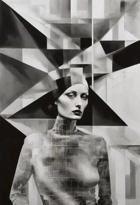 Monochrome black and white, Dali, Magritte, Delvaux, Bellmer, Malevitch, Rodchenko, Mondrian, Kandinsky, Popovna, psychedelic hallucination, pop surrealism, rough crosshatch drawing pop art Lunatic_Portrait of a young woman in latex Avant-garde Fashion page, slick back, low bun, black makeup, sinister expression, intense glare, avant-garde, abstract, weird, geometric, constructivism, suprematism, rayonism, verticism, lineism, tj