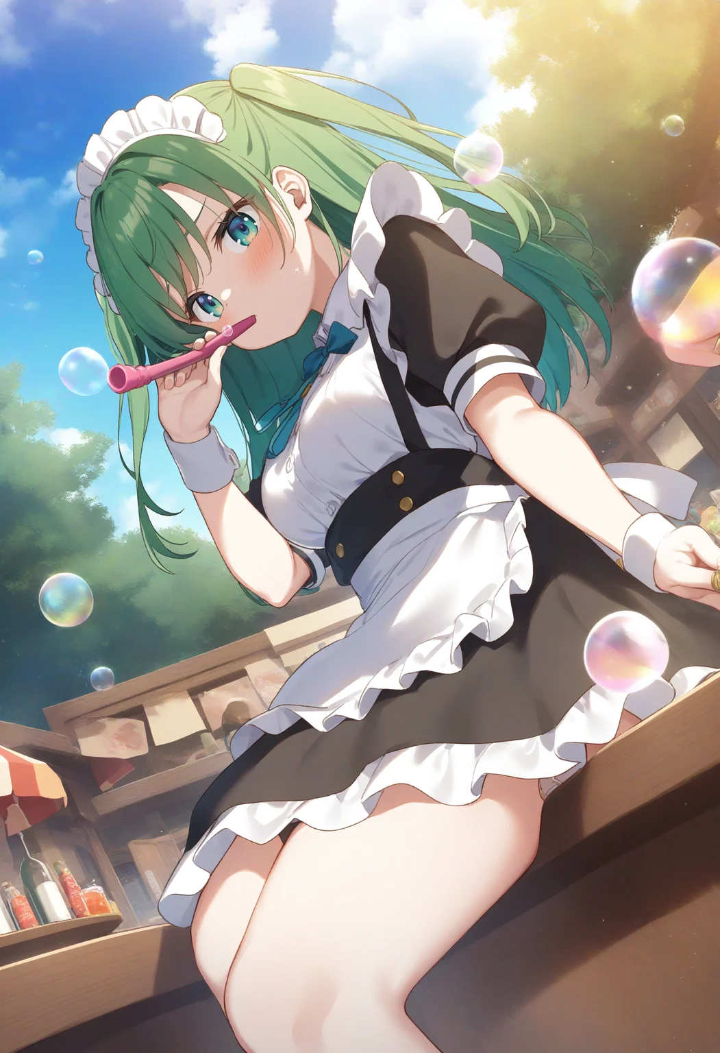 1girl,sincos, ningen mame, toosaka asagi,solo,medium breasts,20yo,maid,maid headdress,
blowing bubbles, bubble, bubble blowing, bubble pipe, outdoors, day, sky,<lora:blowingbubbles_XL_v1:0.7>
from side, fisheye lens, looking down, green hair, green eyes,blush, in bar, two side up hair,
best quality, very aesthetic, absurdres