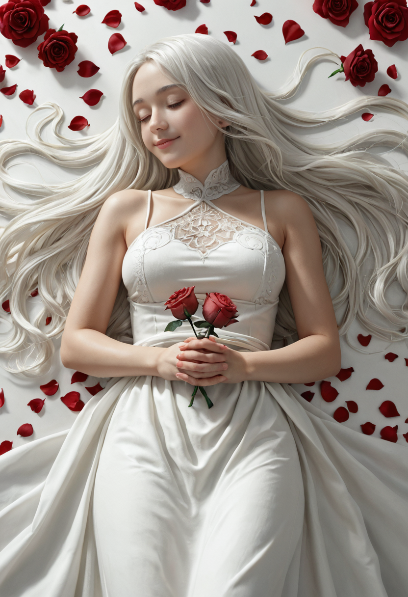1girl, bare arms, bare shoulders, breasts, closed eyes, closed mouth, cowboy shot, dress, eyelashes, falling petals, flower, hair between eyes, hair flowing over, holding, holding flower, interlocked fingers, long dress, long hair, lying, on back, own hands together, pale skin, petals, red flower, red rose, rose, rose petals, sleeping, sleeveless, sleeveless dress, smile, solo, white background, white dress, white flower, white hair, white rose, white theme <lora:SDXL\hand 5.5>