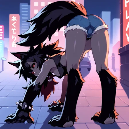 <lora:HellwanAnimePonyLoraXLV2Alpha_4167:1>,score_9, score_8_up, source_anime,  Hellwan, 1girl, solo, black skin, colored skin, slit pupils, red eyes, black sclera, monster girl, black fur, chest tuft, curvy,slim waist, wide hips, thick thighs, long hair, medium breasts, wolf ears, wolf tail, black hair, animal hands, black claws, black pawpads, animal legs, animal paws, spiked collar, spiked bracelet, pubic hair peek, black tank top, short shorts, excessive pubic hair, looking at viewer, bent over, rear view, ass focus, pov, night, city street, building, neon lights, city lights, outdoors, highly detailed background, <lora:[GP] Optionaltypo style [Pony XL]:1>, black theme,