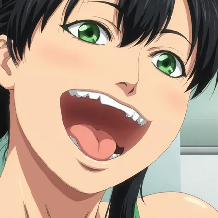 anime artwork of <lora:Watashi ga Toriko ni Natte Yaru style:0.9>
An anime cartoon scene of Saki a closeup of a woman with black hair and green eyes,1girl,solo,smile,open mouth,black hair,hair between eyes,green eyes,ponytail,:d,parody,close-up , hentai, ova, original video animation, manga, Watashi ga Toriko ni Natte Yaru style, anime style, key visual, vibrant, studio anime, highly detailed
