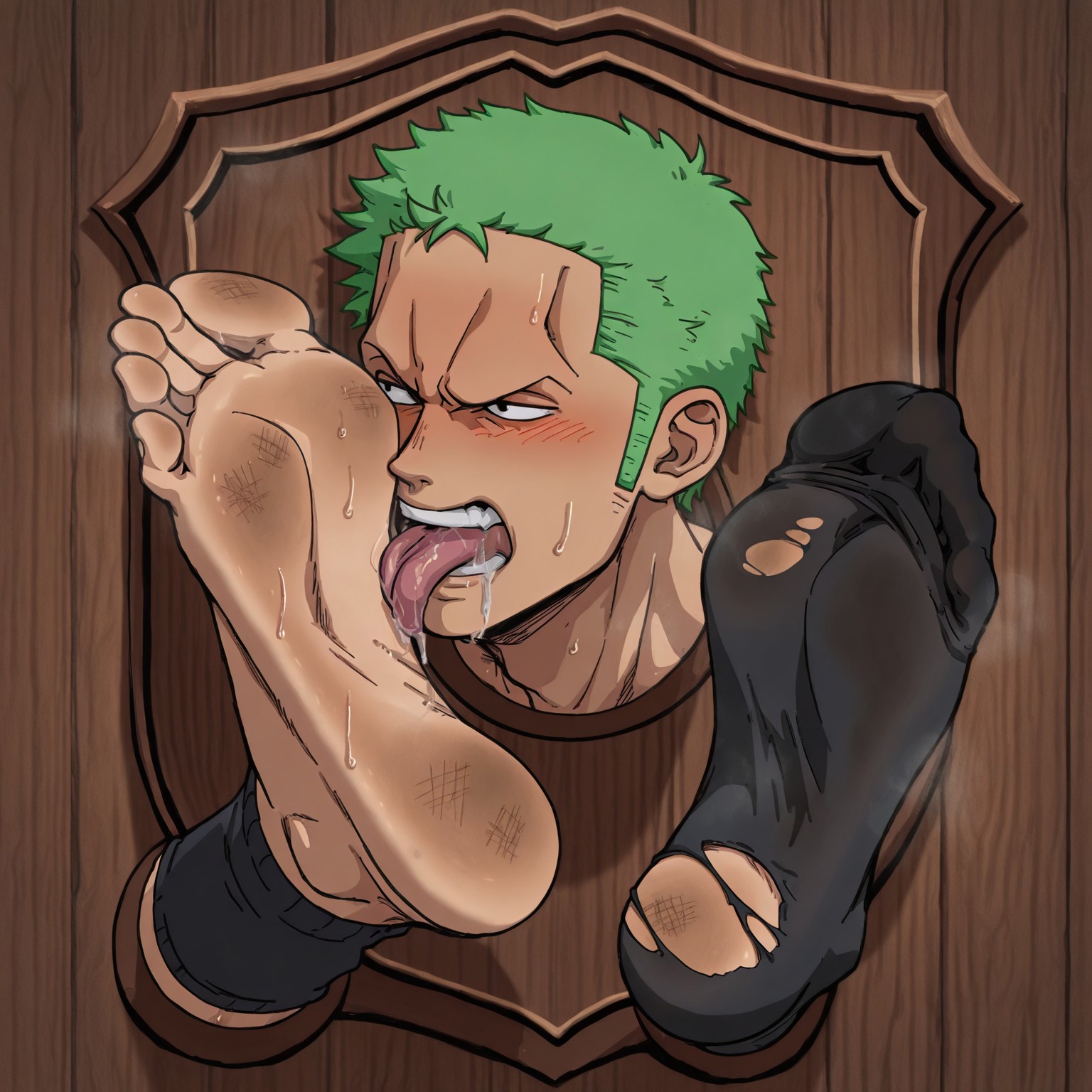 alterinku, 1boy, solo, zoro, stuck in wood plaque on wall, angry, head out, feet out, feet up, turning head, licking foot, steaming, sweating, blushing, drooling. he has green hair, black eyes, dirty soles. he wears single dirty torn black sock