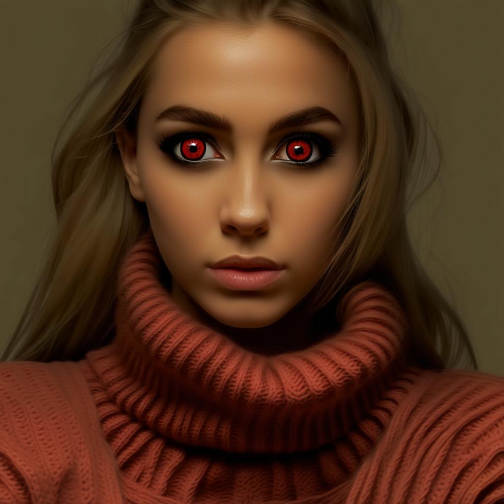 A woman , turtle neck sweater, sharingan eyes, upclose, extremely realistic, highly detailed