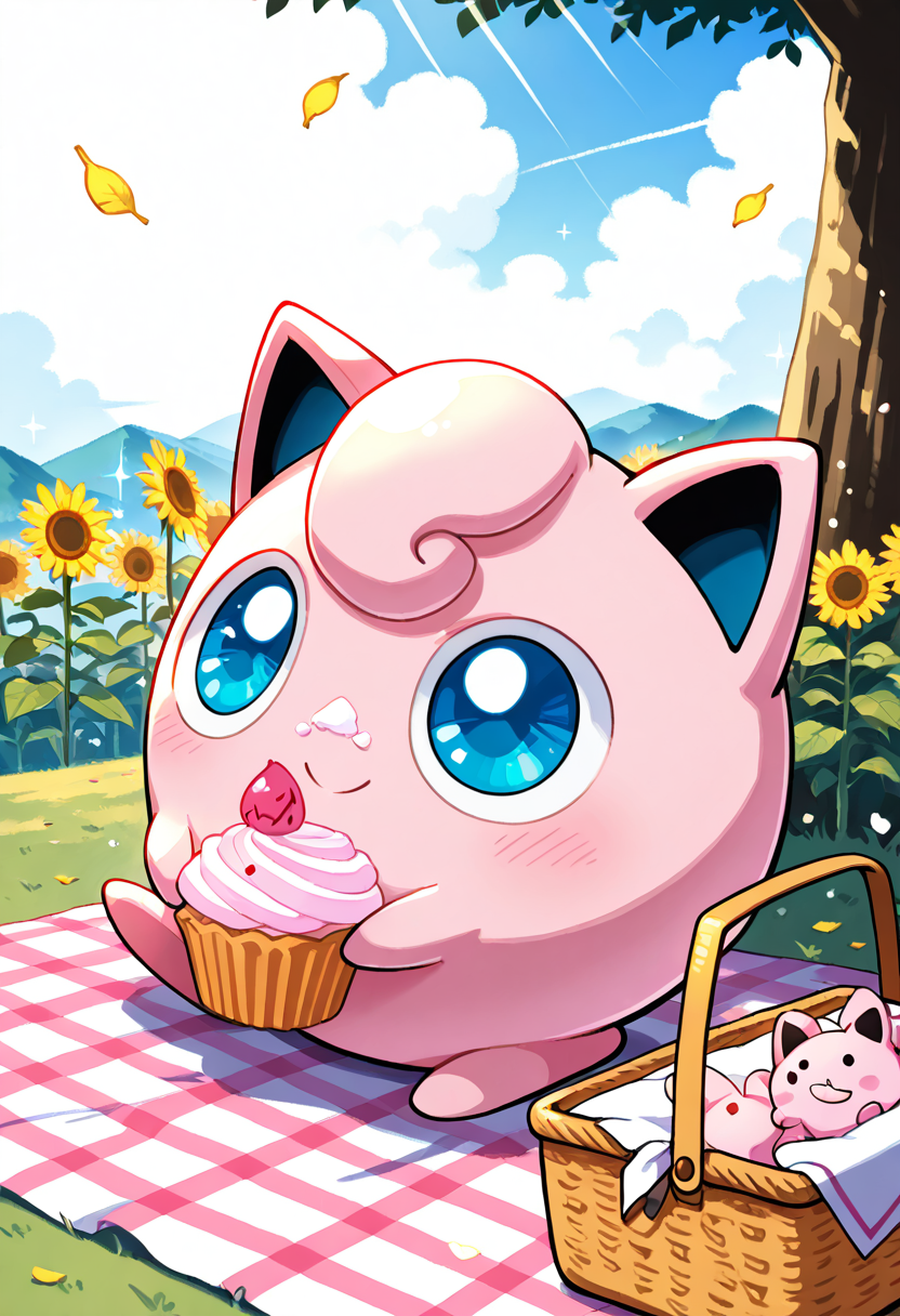 masterpiece, best quality, no humans,  zzJigs, soft pink fur, big blue eyes, round cheeks, tiny hands, holding a cupcake, gingham blanket, picnic basket, pastel balloons, sunflowers, soft clouds, grassy hill, sunlight dappled leaves, sparkles, smile, bunny plushie, cute atmosphere, springtime vibe, delicate shading  Nestled beneath a blooming tree, zzJigs giggles as she holds a tiny cupcake in her paw, frosting on her nose and joy in her eyes. Pastel balloons sway gently behind her in the warm breeze.   <lora:JigglypuffPokedex_IXL:1.0>,    <lora:ZankuroStyle_NAI:0.5>,   <lora:HaradaTakehito_NAI:0.5>,