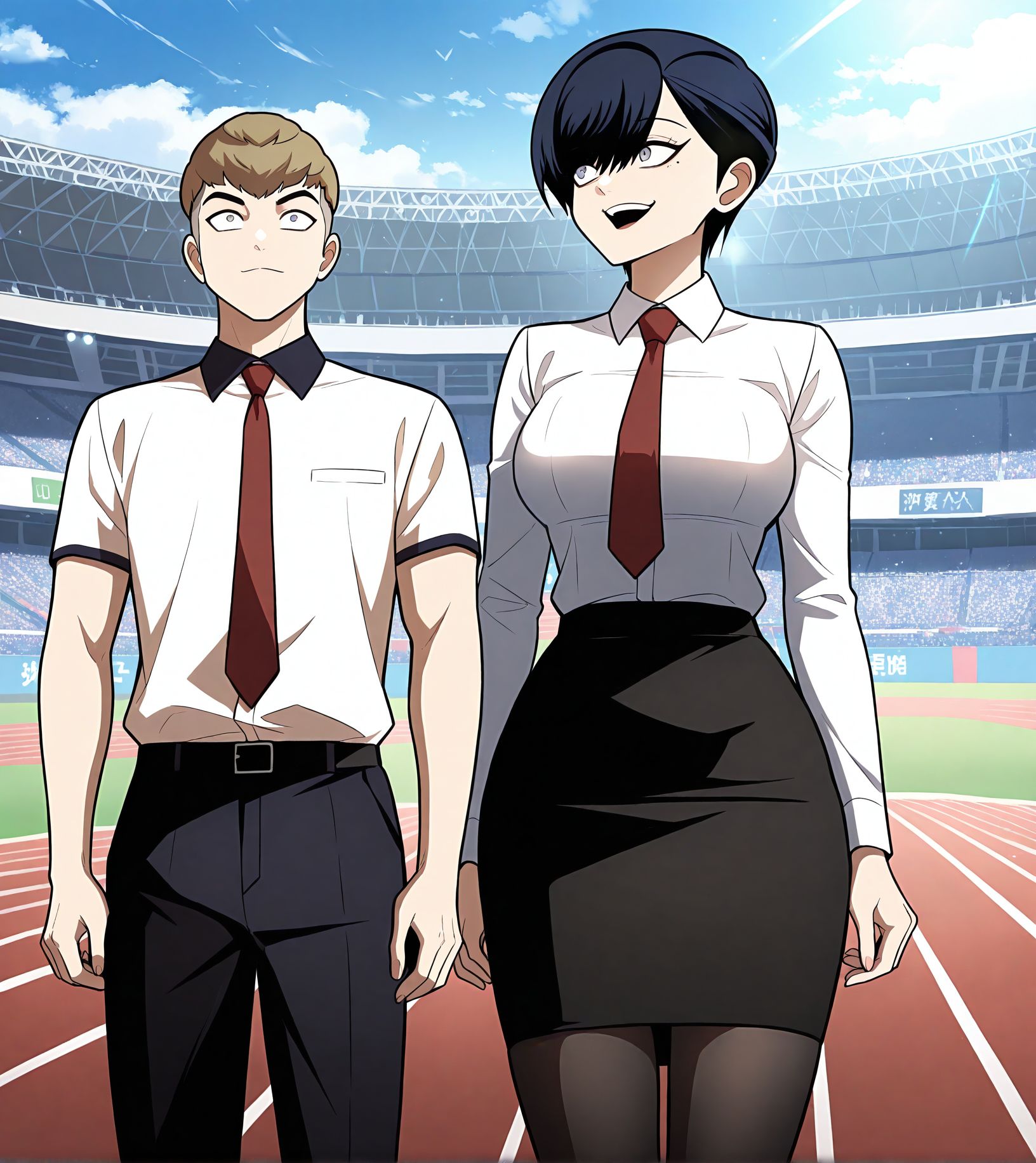masterpiece,best quality,anime coloring,anime screenshot,
<lora:add-detail-xl:0.5>
<lora:Plaything:1>PlaythingV1,
1girl,necktie, ,
shirt,short hair,
bangs,white shirt,
red necktie,pencil skirt,
collared shirt,skirt,
p_crazywoman,stadium,outdoors, 
mature female, 20YO,
adult couple,
son_brother,undercut,black pupil,
textured top, dot pupil, black pants,
two-block undercut ,1
