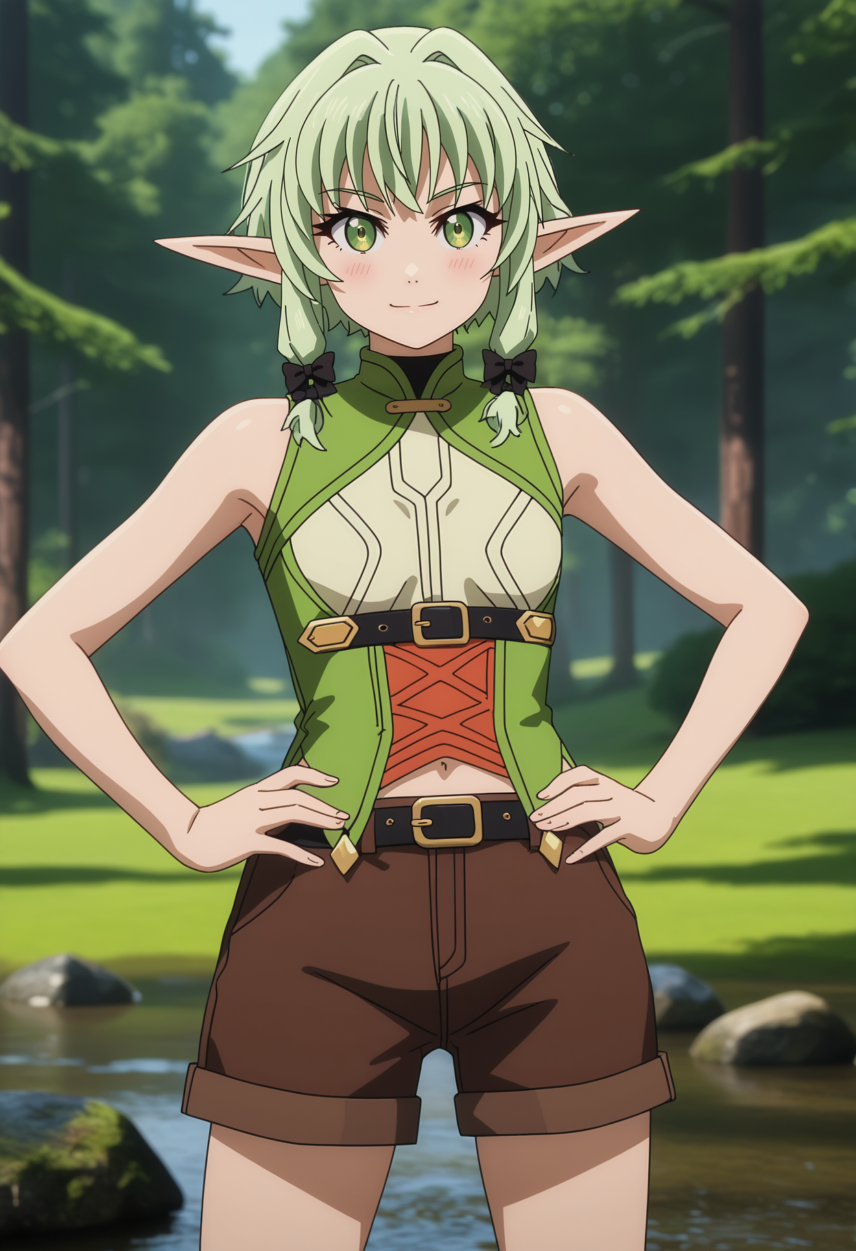 score_7_up, anime screencap,
<lora:GoblinSlayer_HighElfArcherXL:0.9>, HighElfGS,
1girl, solo, closed mouth, smile,
short hair, green hair, green eyes, pointy ears, hair bow, black bow,
multicolored dress, sleeveless dress, cross-laced dress, black belt, underbust, brown shorts,
standing, looking at viewer, (cowboy shot:1.2), hands on own hips,
blurry background, photo background, forest, fog, smoke