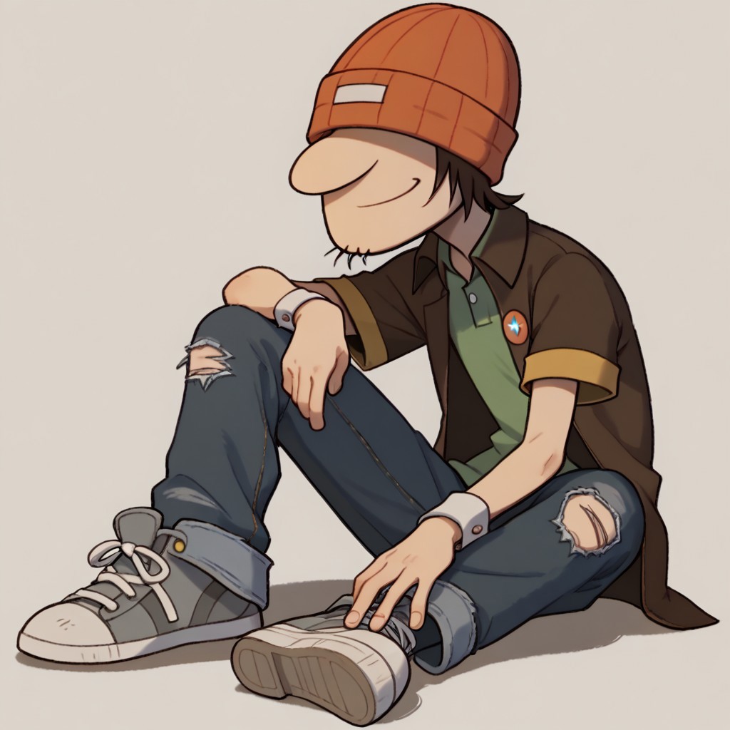 score_9, score_8_up, score_7_up BREAK WadeKB, 1boy, brown hair, orange beanie, no eyes, eyeless, open yellow-collared short-sleeved brown jacket, yellow short sleeve cuffs, green undershirt, ragged jeans, gray white shoes, smiling at viewer,