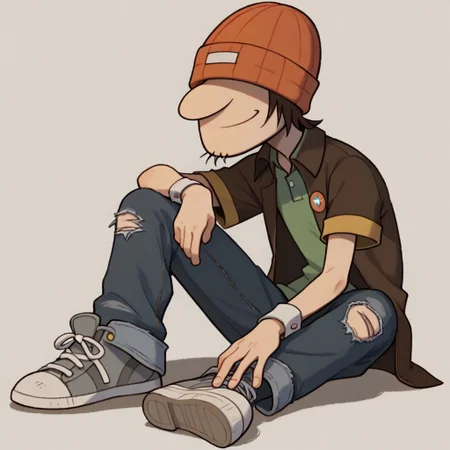 score_9, score_8_up, score_7_up BREAK WadeKB, 1boy, brown hair, orange beanie, no eyes, eyeless, open yellow-collared short-sleeved brown jacket, yellow short sleeve cuffs, green undershirt, ragged jeans, gray white shoes, smiling at viewer,