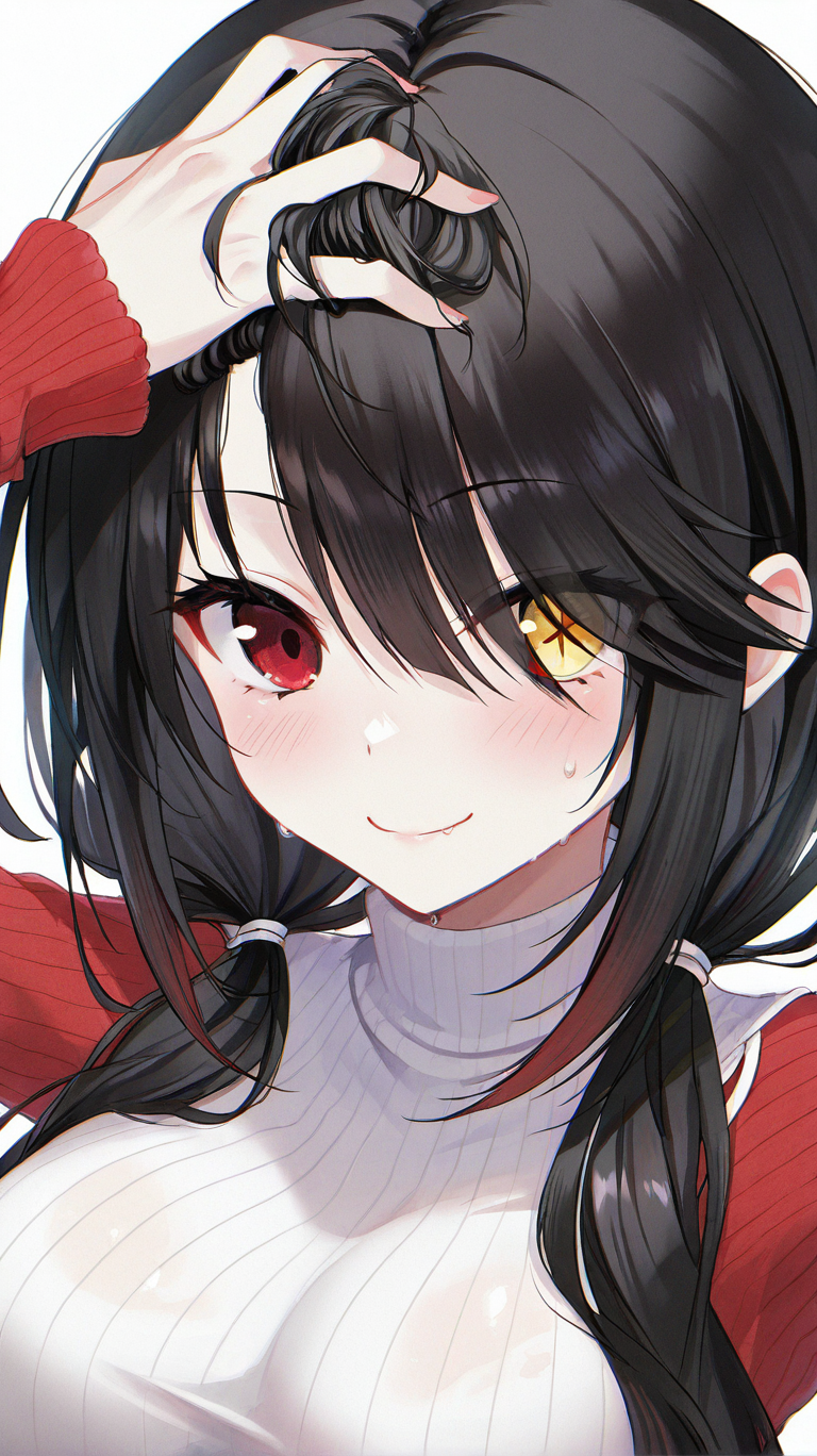tokisaki_kurumi, 1girl, solo, long_hair, breasts, looking_at_viewer, blush, smile, bangs, large_breasts, simple_background, black_hair, red_eyes, long_sleeves, white_background, hair_between_eyes, twintails, closed_mouth, yellow_eyes, multicolored_hair, sweat, sweater, symbol-shaped_pupils, turtleneck, low_twintails, heterochromia, eyes_visible_through_hair, ribbed_sweater, turtleneck_sweater, white_sweater