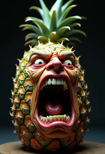 Hyperrealistic pineapple with a grotesquely anthropomorphic face, screaming in intense rage or agony. Cylindrical shape with rough, spiky green and brown skin, transitioning seamlessly into wrinkled, flesh-like features. Eyes bulge outward, bloodshot and strained, with pale, watery flesh forming eerie eye sockets. Brow deeply furrowed, creating harsh lines across the pineapple's surface. Nose scrunched and flared, nostrils clearly visible. Mouth stretched impossibly wide, revealing rows of human-like teeth and a moist, glistening tongue. Lips pulled back in a snarl, exposing gums. Cheeks contorted, emphasizing the screaming expression. Skin pores and fine hairs visible on the face portion, blending into the rough, scaly pineapple texture with its interlocking hexagonal shapes. Vivid green and yellow coloration with subtle variations in tone, highlighting the fruit's rugged surface. Harsh lighting from above casts dramatic shadows, accentuating the three-dimensional quality and the grotesque facial features. Background is a neutral grey gradient, focusing attention on the surreal, nightmarish pineapple creature.