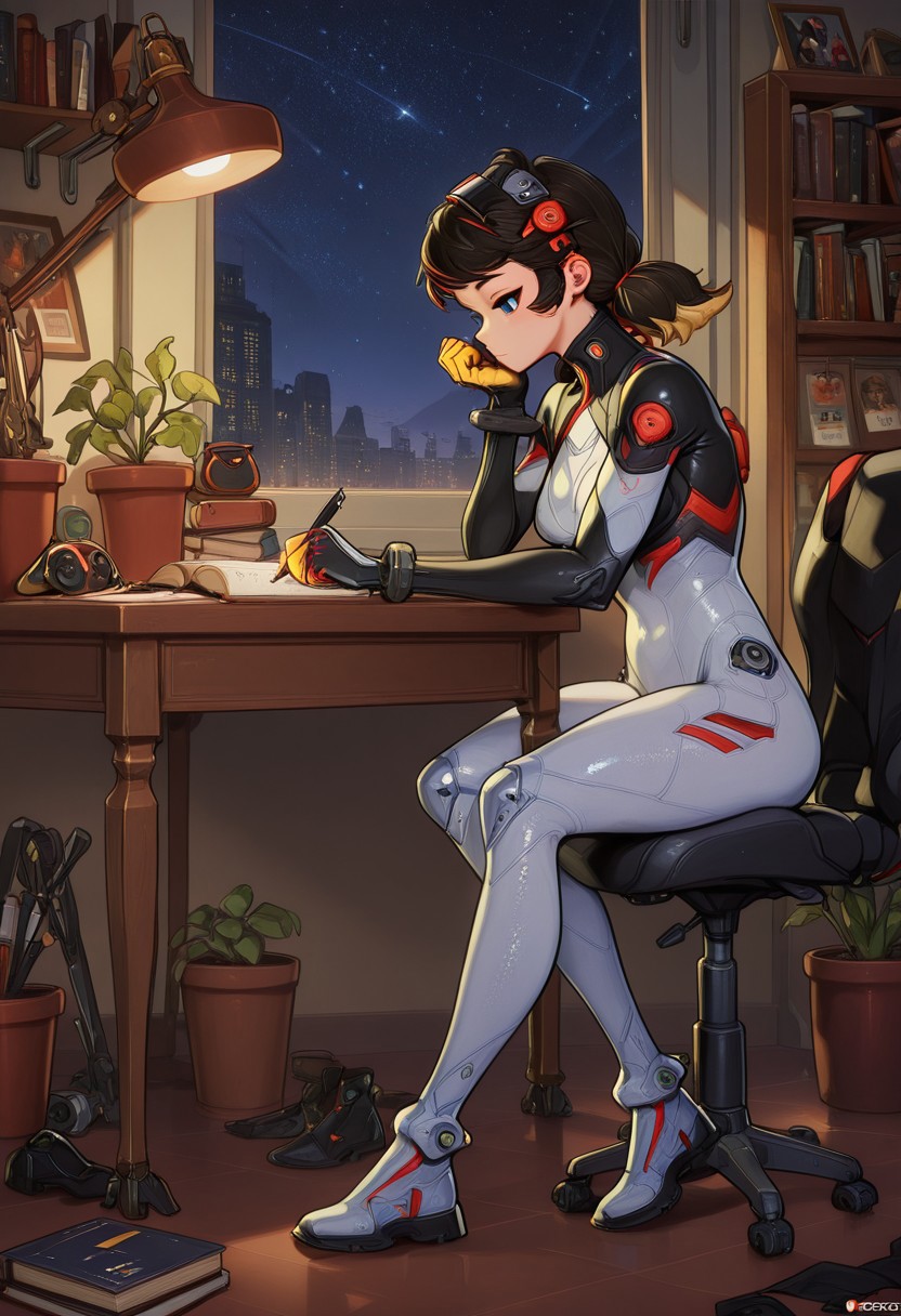 masterpiece, best quality, medium breasts, (curvy),   BREAK, solozz, solo, woman, 1girl, medium hair, blue eyes, multicolored hair, low twintails, black hair, blonde hair, hair ornament, bodysuit, full bodysuit,  zzLofi, sitting, side view, desk, chair, book, bookshelf, head rest, holding, holding pen, lamp, night, open book, pen, plant, potted plant, sky, star (sky), starry sky, window, windowsill, writing,   ,    <lora:LofiGirl_Style_IXL:1.0>,