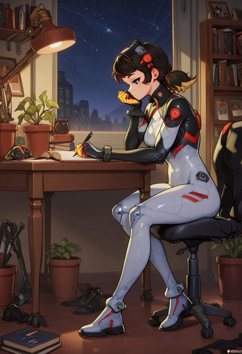 masterpiece, best quality, medium breasts, (curvy),   BREAK, solozz, solo, woman, 1girl, medium hair, blue eyes, multicolored hair, low twintails, black hair, blonde hair, hair ornament, bodysuit, full bodysuit,  zzLofi, sitting, side view, desk, chair, book, bookshelf, head rest, holding, holding pen, lamp, night, open book, pen, plant, potted plant, sky, star (sky), starry sky, window, windowsill, writing,   ,    <lora:LofiGirl_Style_IXL:1.0>,