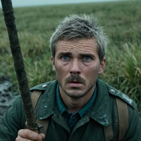cinematic film still of <lora:shell shock style:1>
A cinematic Kodak Fujifilm picture of a man in mud with a stick in his hand, sharp, detailed, cinematic, sad, depressed, wrinkly, tired, fatigue, unhappy, glum, melancholy, miserable, sorrowful, dejected, disconsolate, downhearted, downcast, realism, realistic, dispirited, desolate, oppressed, panic, fear, Combat stress reaction, shell shock style, solo, looking at viewer, open mouth, blue eyes, 1boy, jacket, weapon, grey hair, male focus, water, gun, military, facial hair, outdoors, blurry, uniform, military uniform, grass, rifle, snow, soldier, soviet, short hair, shirt, beard, green jacket, stubble, mustache
, shallow depth of field, vignette, highly detailed, high budget, bokeh, cinemascope, moody, epic, gorgeous, film grain, grainy