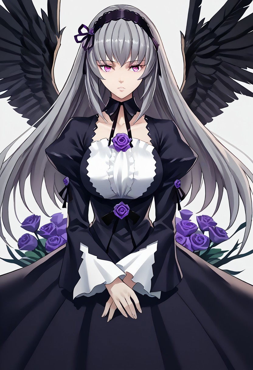 score_9, score_8_up, score_7_up, score_6_up, score_5_up, score_4_up, source_anime, solo, 1girl, 
suigintou, milf, pink eyes, grey hair, long hair, hairband, black wings, huge_breast, dress, long sleeves, puffy sleeves, frills, purple rose. 
masterpiece, best quality, very aesthetic, absurdres,