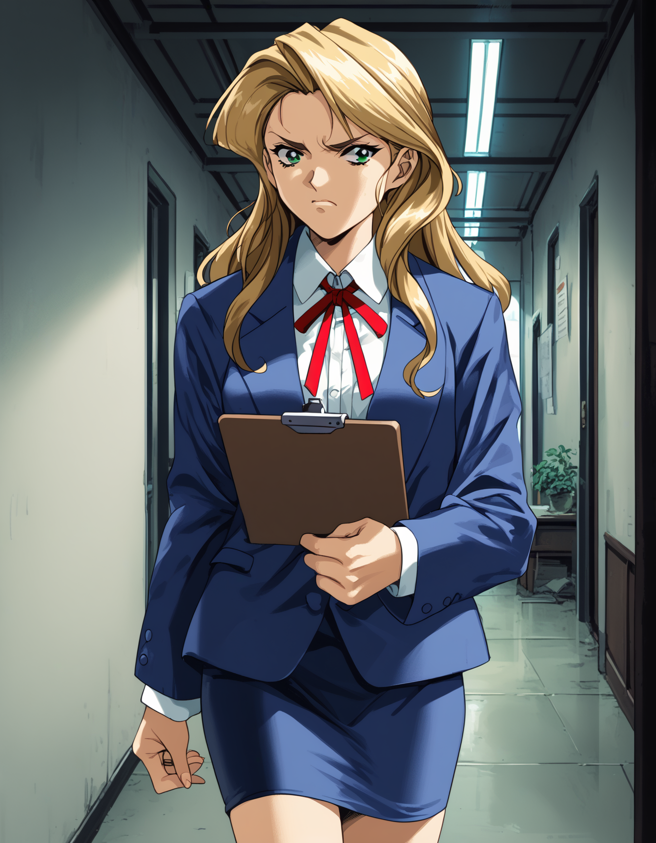 score_9,  score_8_up, score_7_up, <lora:shuusaku-v2-ponyxl-000016:0.9> kaori, green eyes, blonde hair, blue jacket, neck ribbon, red ribbon, blue skirt, 
1girl, solo, disgust, holding clipboard, hallway, looking to the side
