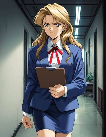 score_9, score_8_up, score_7_up, <lora:shuusaku-v2-ponyxl-000016:0.9> kaori, green eyes, blonde hair, blue jacket, neck ribbon, red ribbon, blue skirt,
1girl, solo, disgust, holding clipboard, hallway, looking to the side