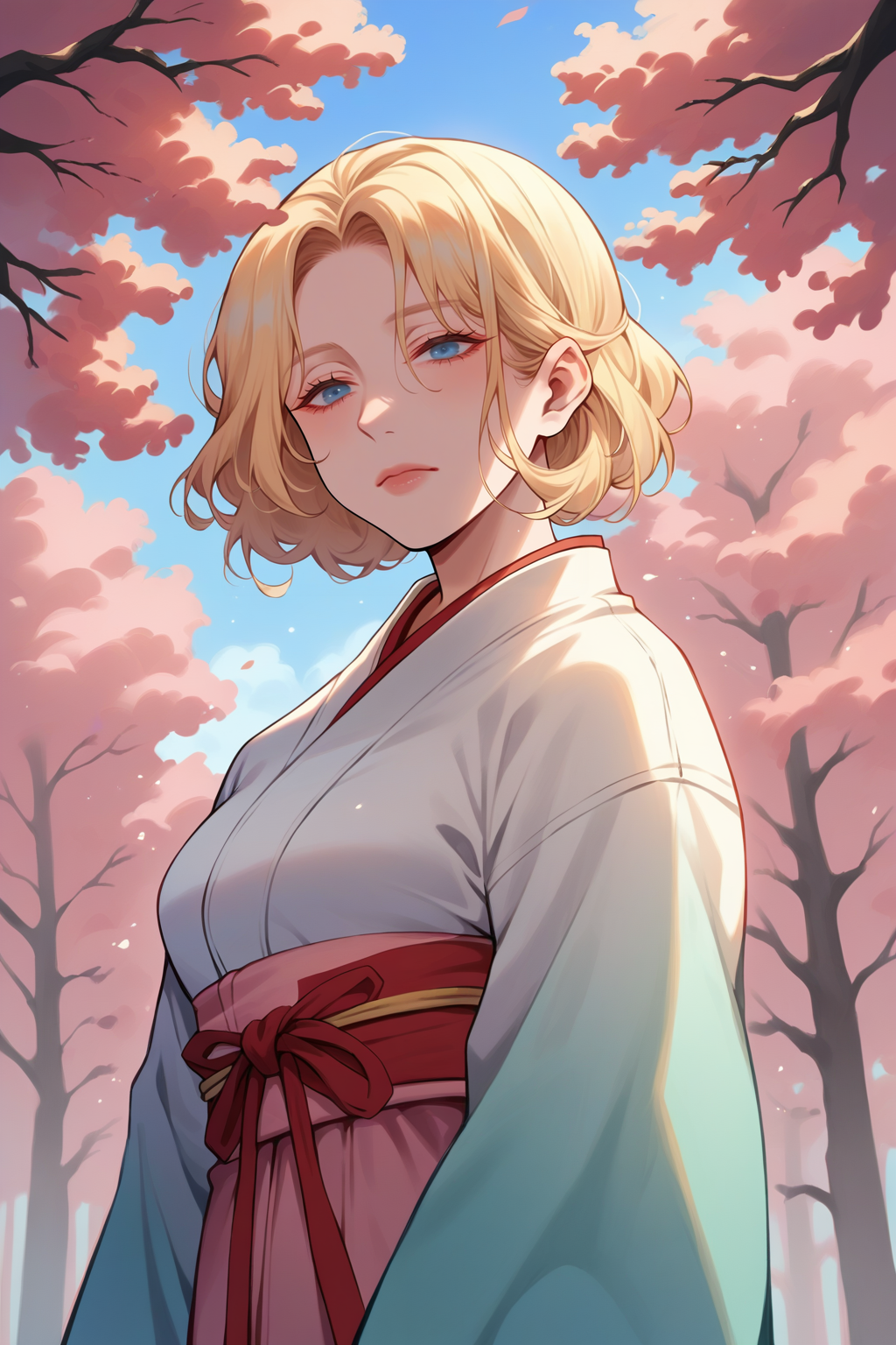 score_9, score_8_up, <lora:NSPhyllisPortia:1> NSPhyllisPortia, 1girl, solo, blonde hair, medium hair, blue eyes, long kimono, sakura, outdoors, forest, pink background, arms together, from below, half-closed_eyes, looking at the viewer, oil_painting_(medium), mature