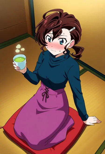 1girl,Inuyama Mana,GeGeGe no Kitarou,year 2019,solo,tatami room,nervous,holding Green Tea on chawan,seiza on crimson (floor cushions:1.5),(lavenderblush skirt:1.5),(Lace-up:1.2) (high-waist:1.5) skirt,blue eyes,1 hair tie,Ahoge,(wavy hair),(Brown:1.5) medium hair,swept bangs and (hair pulled back:1.2),(low ponytail),hair between eyes,(single hair intake:1.5),sideburns,long sleeves,(Loose high-neck) topwear,(black topwear),pantyhose,1 silver hairpin,masterpiece, best quality, very aesthetic, absurdres