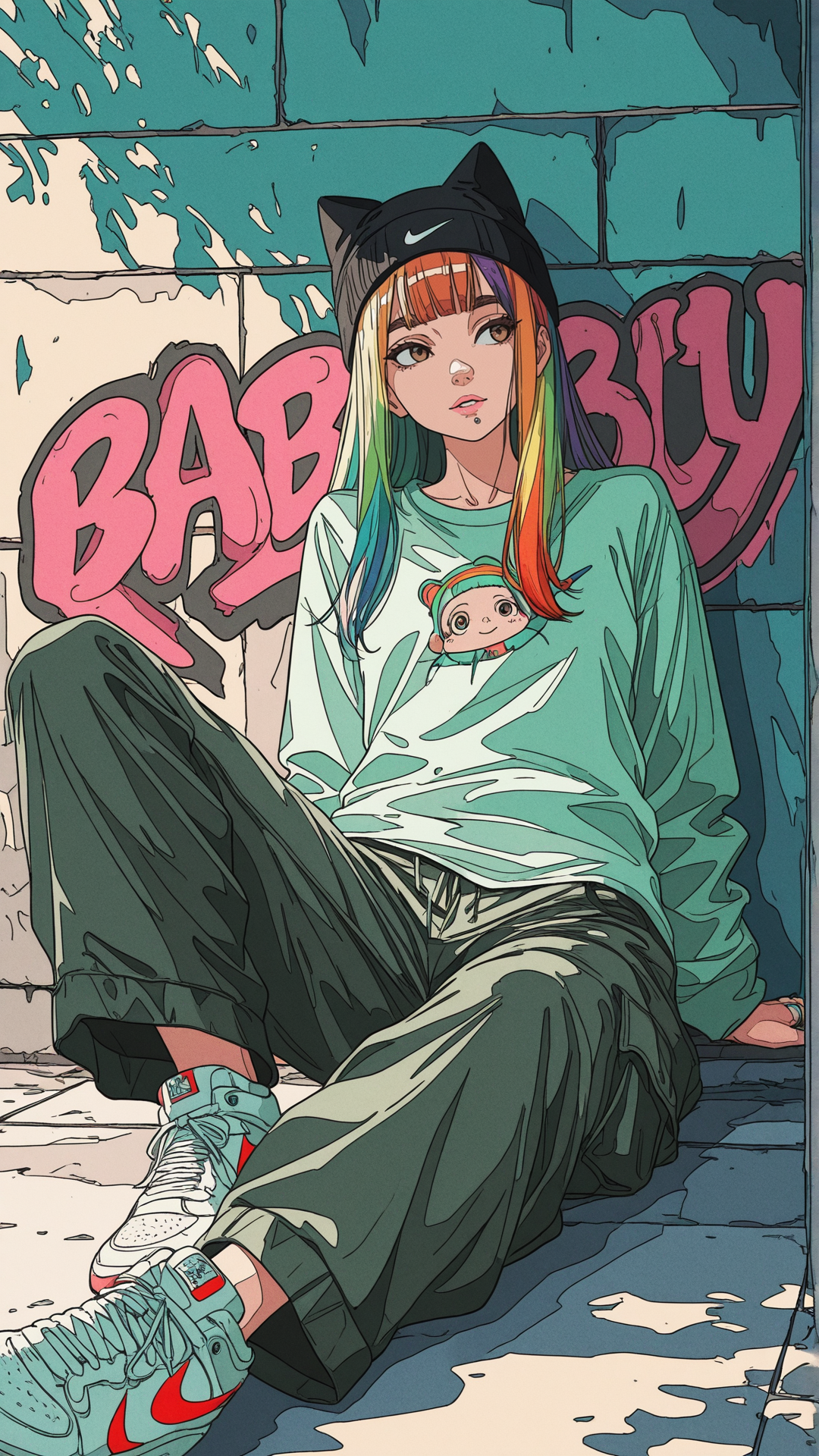 1girl, female, portrait, (ligne claire:1.7, impressionism:1.4),
best quality, masterpiece, 
long hair, (rainbow hair:1.3), blunt bangs, thick eyebrows, black eyebrows, brown eyes, beautful eyes, pink lips, parted lips, (baby green t-shirt:1.4), (long sleeves:1.3), cat ear beanie, cargo pants, wide pants, nike sneakers, nike \(company\), rings, floral tattoos, nose piercing, lip piercing, leaning back, against wall,  
facing viewer, front view, looking away, lying on ground,
graffiti, graffiti wall, sunlight, dappled sunlight, colorful