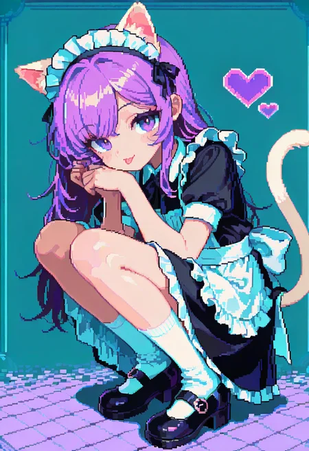 dpa,pixel art, solo, purple hair, tail, maid headdress, maid, long hair, heart, squatting, cat tail, 1girl, purple eyes, socks, out, tongue, cat ears, apron, black dress, white socks, dress, short sleeves, maid apron, looking at viewer, shoes, otoko no ko, mary janes, full body, black footwear