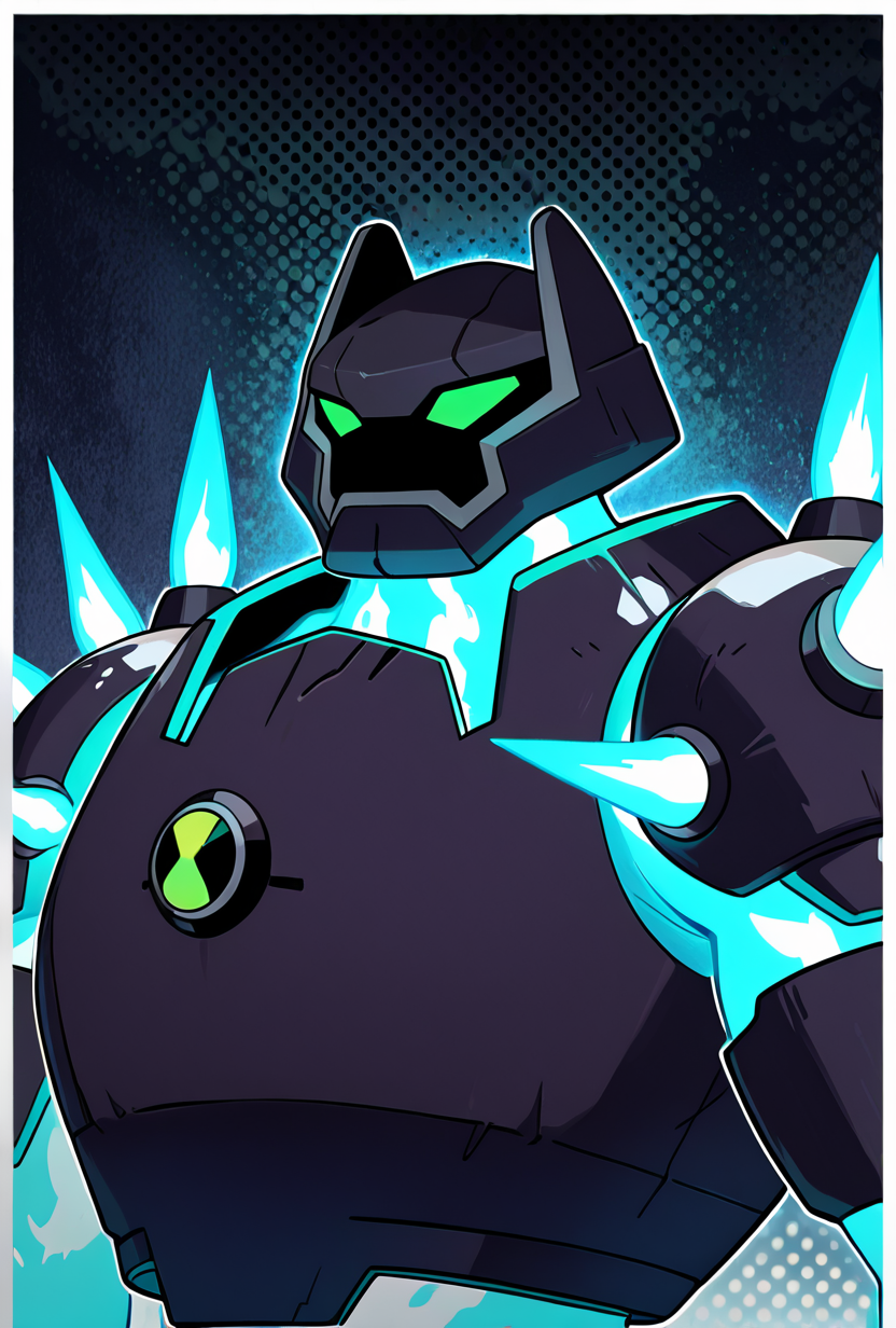 <lora:shckrck-09:1> shckrck, glowing, shoulder spikes, green eyes, no humans, male focus, neon trim, helmet, blue fire, masterpiece, best quality, amazing quality, very aesthetic, absurdres, newest,, upper body, halftone effect, white borders, abstract background:1.2,