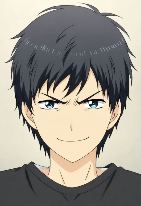 high resolution, solo, best quality, 1Boy, Arata Kaizaki, Black Hair, potrait, dark shirt, looking at viewer, focused gaze forward, simple background, straight body, upper body, head upright, angry, smile, OverallDetail